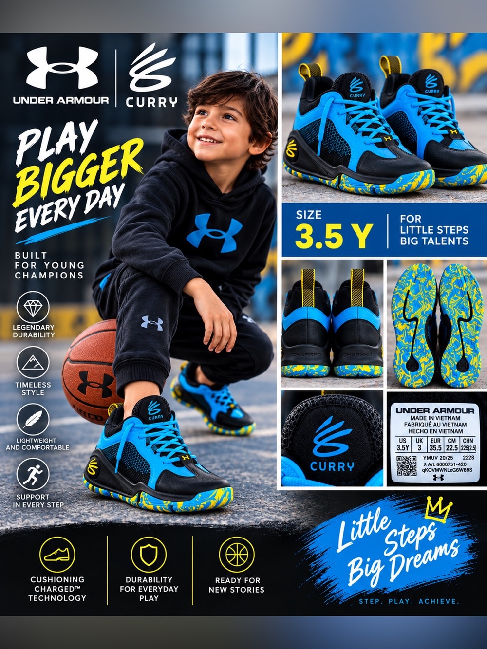 Under Armour Curry Kids Blue Black Yellow Athletic Sneakers US Youth 3.5Y